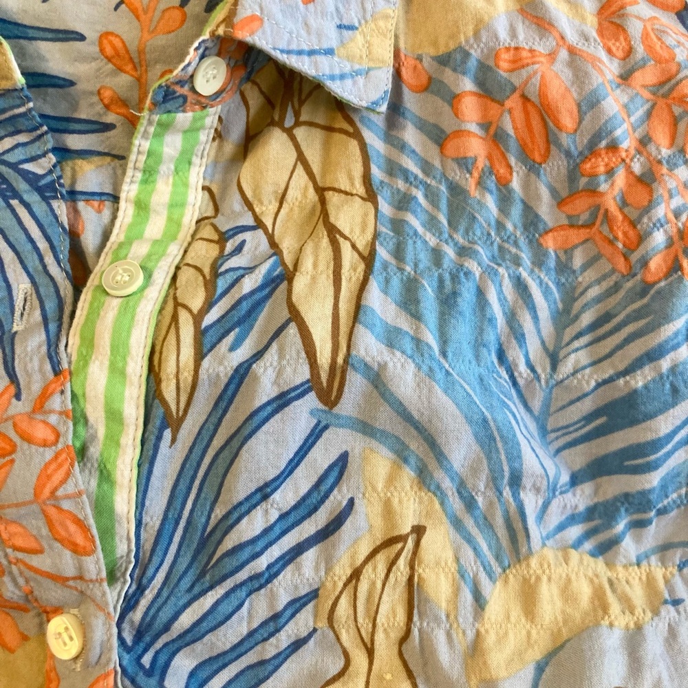 J. McLaughlin Tropical Print Button-Down Shirt in Blue & Orange Resort Luxury - Picture 12 of 16